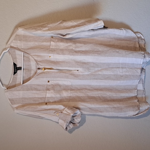 Ellen Tracy 100% Linen striped blouse - Picture 2 of 13